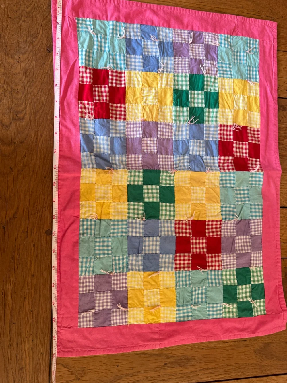 Vintage Colorful Patchwork BabyDoll Quilt with Pink Border